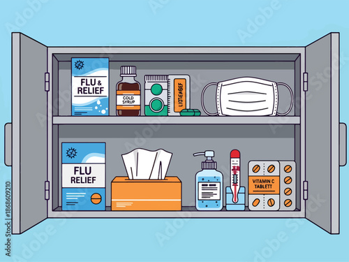 An open medicine cabinet stocked with flu relief syrup mask and vitamins