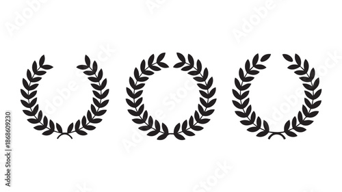 Three black minimalist laurel wreaths on a white background illustration