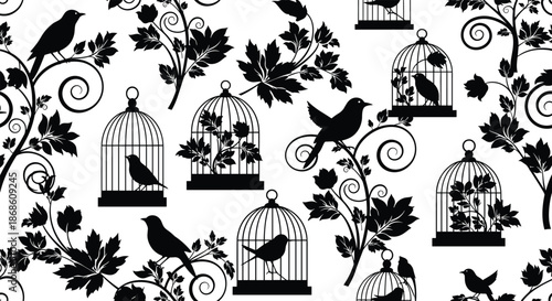 Beautiful seamless pattern featuring black silhouettes of birds perched on ornate branches and inside classic cages against a white background.