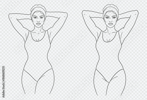 Beautiful woman in swimsuit posing with hands on head, line art illustration for fitness and wellness concept