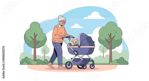 Happy elderly woman enjoying a peaceful walk in the park on a sunny day while pushing her smiling grandchild in a baby stroller.