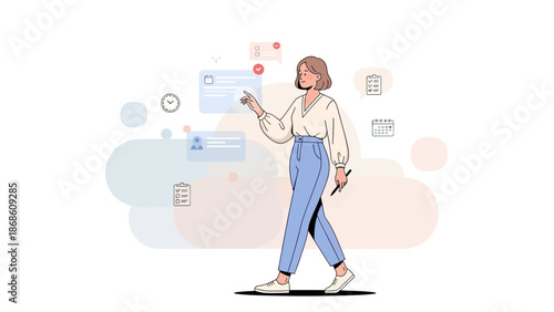 Businesswoman interacting with digital interface, modern flat illustration