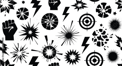 High-energy seamless pattern of black comic book action symbols like explosions, lightning bolts, and fists on a clean white background.