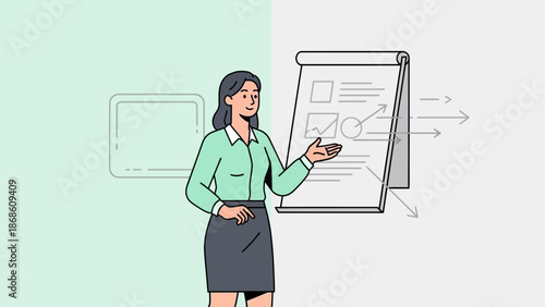 Businesswoman presenting a strategy on flip chart with digital tablet background
