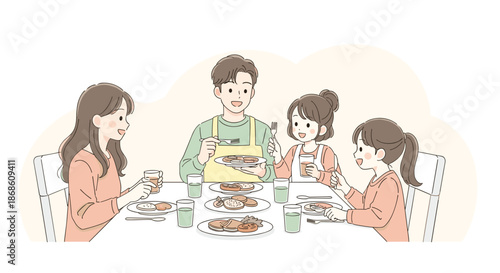 Happy family with a father, mother, and two daughters enjoying a delicious meal together, talking and smiling at the dining table.