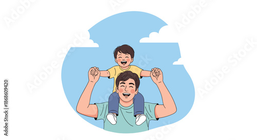Joyful father carrying his happy, laughing son on his shoulders against a blue sky, representing a strong bond and happy childhood.