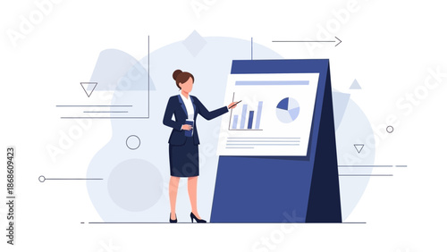 Businesswoman presenting charts and graphs on a flip chart, professional meeting