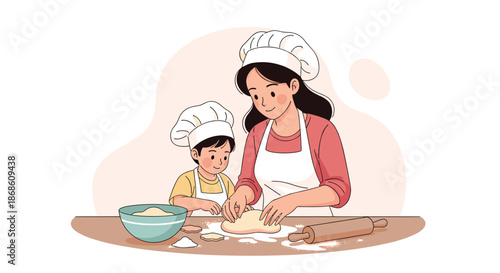 Loving mother teaching her young son how to bake, kneading dough together in the kitchen while wearing matching chef hats and aprons.