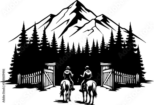 Cowboy Horse Ride in Mountain Wilderness – Western Vector Illustration