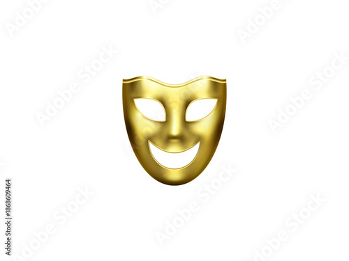 Golden theatrical 3D rendered masks vector illustration featuring drama stage performance symbol, comedy tragedy face design, artistic entertainment element for theater culture and decorative artwork.