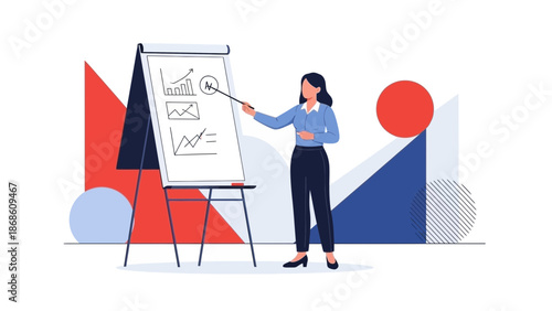 Businesswoman presenting data charts on a flip chart, modern geometric background.