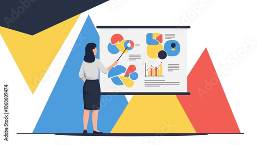 Businesswoman presenting data charts on a projection screen, modern flat illustration