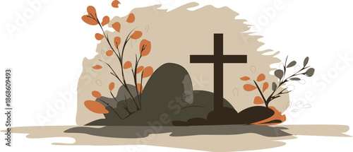 Grave with cross and autumn plants, cemetery memorial vector illustration