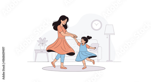 Joyful mother and her happy young daughter holding hands and dancing together in their cozy living room, sharing a fun, loving moment.