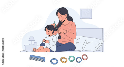 Caring mother sitting on a bed and patiently braiding her little daughter's long hair in the morning, a sweet daily routine.