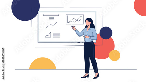 Businesswoman presenting financial charts on white board, modern flat illustration