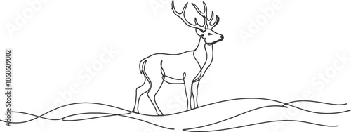 Minimalist line art illustration of a deer standing on rolling hills with antlers