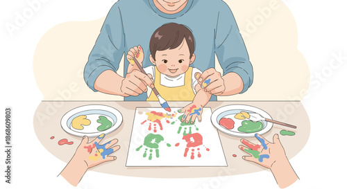 Creative parent guiding a happy baby's hand to make colorful handprint art with paint, enjoying a messy and fun sensory activity.