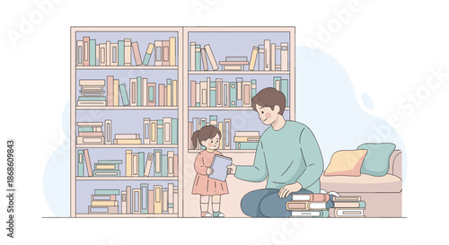 Loving father helping his little daughter choose a book from a tall, well-stocked bookshelf in their cozy home library or living room.