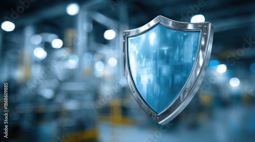 A metallic and glass shield symbol against a blurred industrial background with bokeh lights