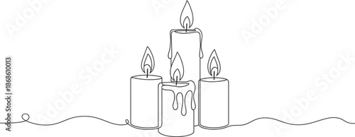 Continuous line drawing of four burning candles in a triangular formation with melted wax