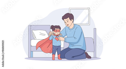 Playful father helping his little daughter put on a superhero costume with a red cape and mask, encouraging her imagination and confidence.