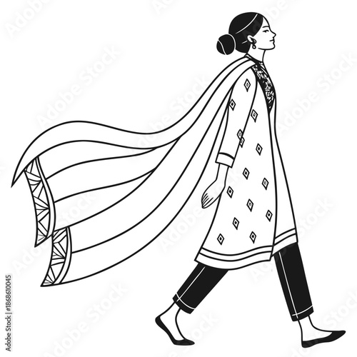 A woman in traditional clothing walking with a flowing scarf in the wind