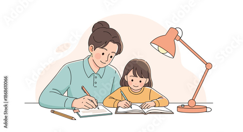 Patient mother sitting at a desk with her daughter, helping her with homework and studying under the warm light of a desk lamp.