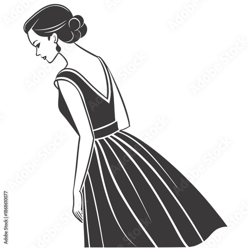 Elegant woman in a black dress with an updo hairstyle side view