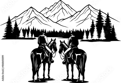 Cowboy Horse Ride in Mountain Wilderness – Western Vector Illustration