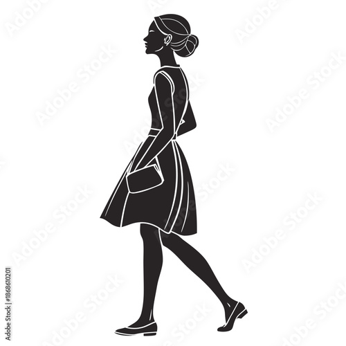 Elegant woman in a dress walking with a handbag black silhouette style