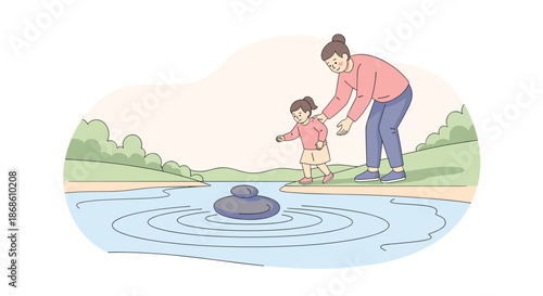 Supportive mother helping her little daughter carefully step across stones in the water, encouraging her balance and bravery in nature.