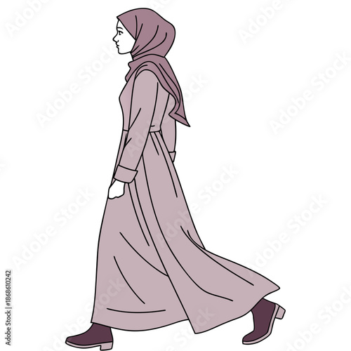 A woman in a hijab and long dress walking in a simple illustration