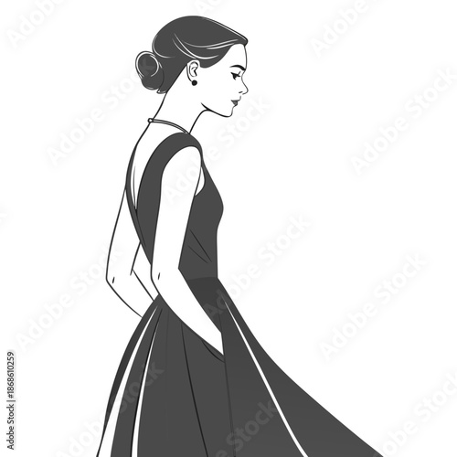 Elegant woman in a black dress with an updo side view illustration