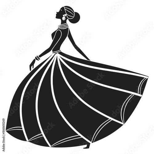 Elegant woman in a flowing gown a striking black and white silhouette