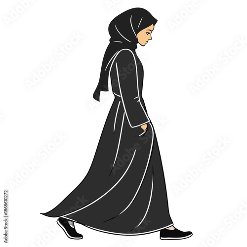 A woman in a traditional black abaya and headscarf walking in profile