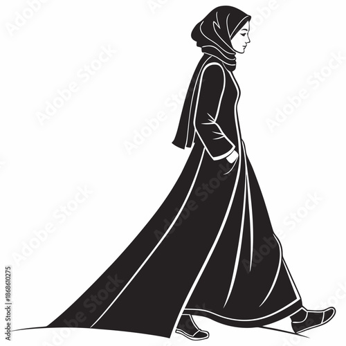 A graceful woman in traditional islamic clothing walking with elegance