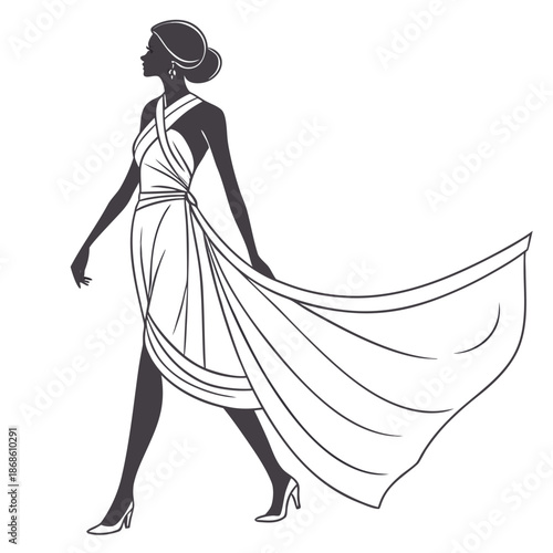 Elegant woman in a flowing gown a striking black and white silhouette