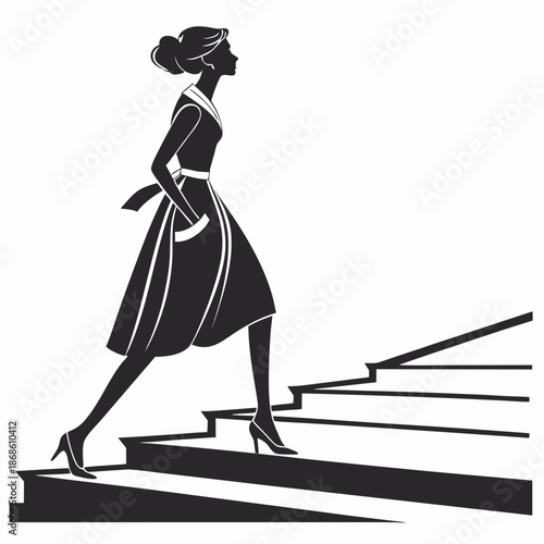 Elegant woman in a dress confidently walking up a flight of stairs