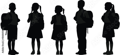 Silhouette of school children standing with backpacks, group of students ready for class, education concept vector illustration for academic learning design