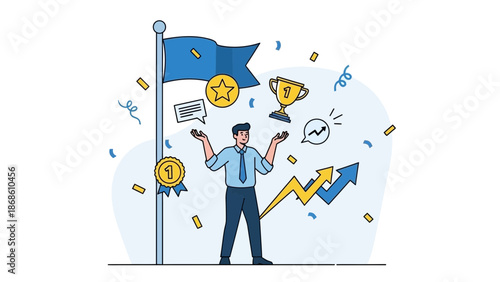Business success concept with man juggling awards, graph, flag and confetti