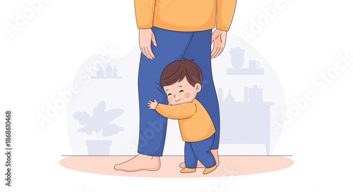 Adorable and loving toddler boy smiling as he gives a big hug to his parent's leg, showing affection and a strong family bond.