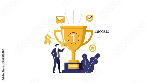 Business Success: Champion Man with Trophy, Achievement, Goals, Victory, Celebration, Top Rank