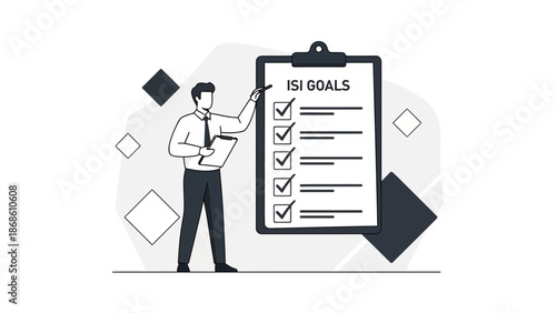 Businessman checking off goals on a checklist, business planning, strategy, success vector illustration
