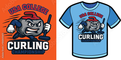 USA College Curling Championship Mascot Graphic, Curling Stone with Muscles and Broom, Red Cap Motion Design, Sports Event Tee