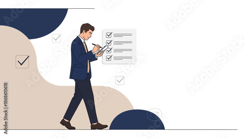 Businessman checking tasks on checklist, workflow, planning, strategy, business concept