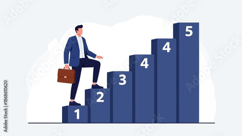 Businessman climbing numbered steps representing career growth and success