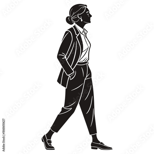 Stylish woman in a business suit walking with confidence a modern silhouette