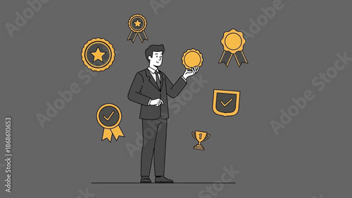 Businessman Holding Award, Surrounded by Quality Icons and Trophies