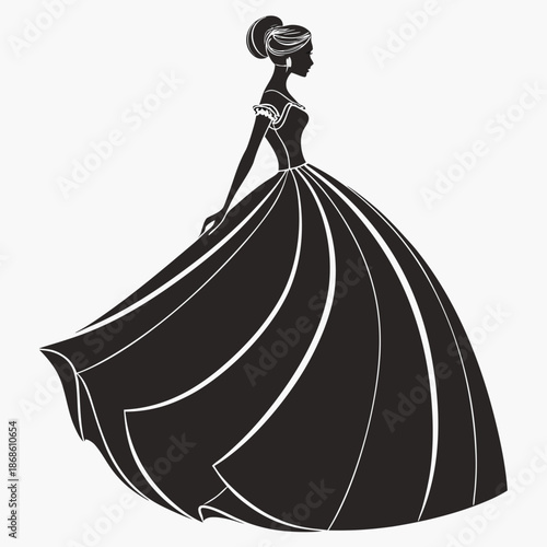 Elegant silhouette of a woman in a flowing voluminous evening gown